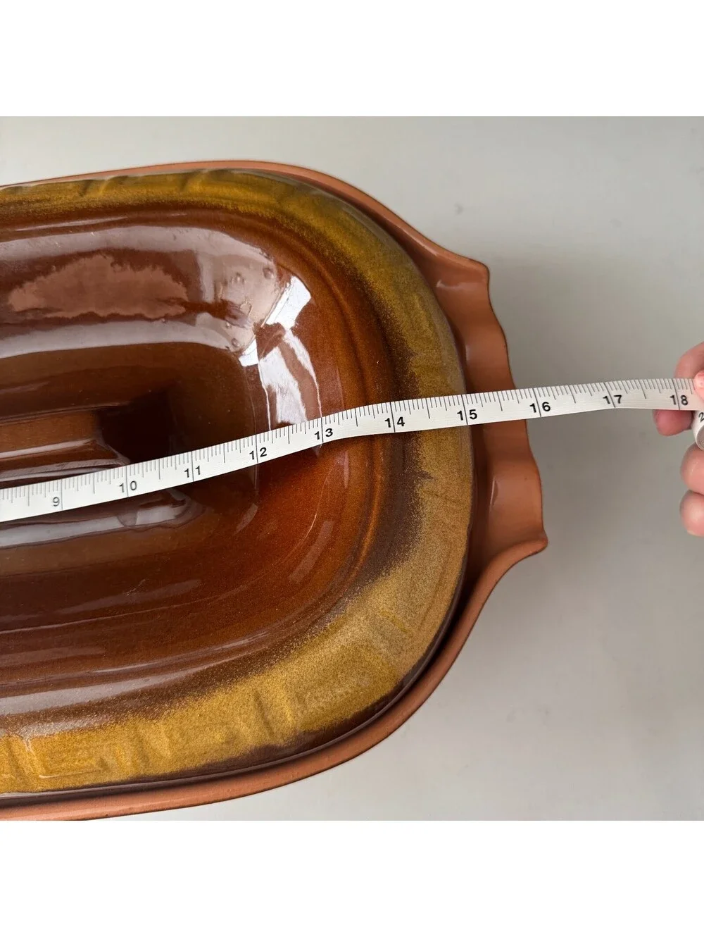 Handmade 5 Qt Glazed Clay Casserole Dish w/ Lid Greek Key Trim Earthy Brown Gold